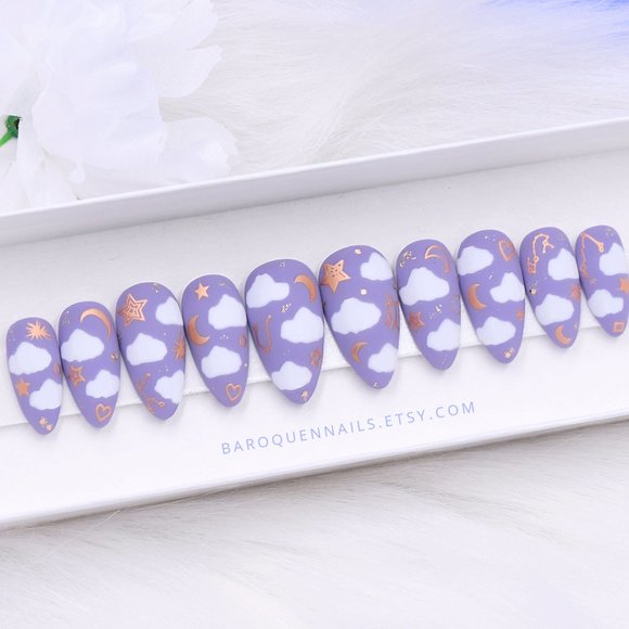 Cute Lavender Cloud Nails Custom Press On Nails - Picture 1 of 2
